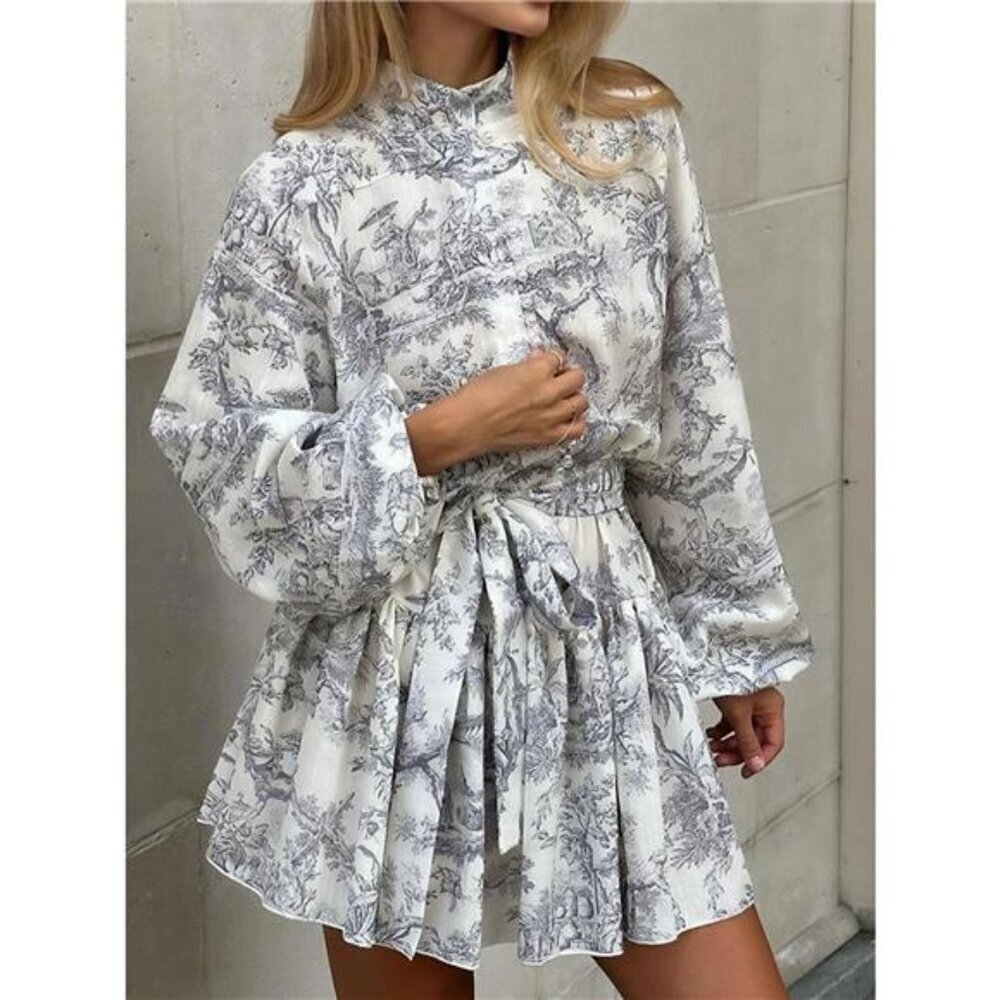 Printed Balloon Sleeve Tie Waist Dress